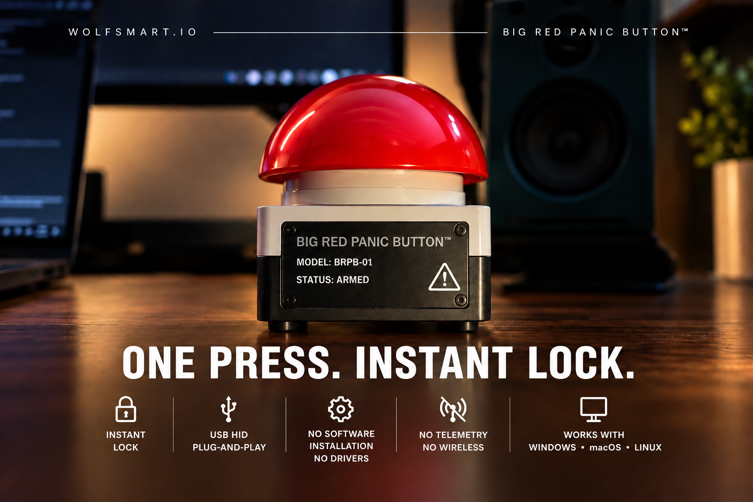 The BIG RED PANIC BUTTON, an oversized red dome switch on a compact black and white enclosure, on a desk with the tagline One Press. Instant Lock.
