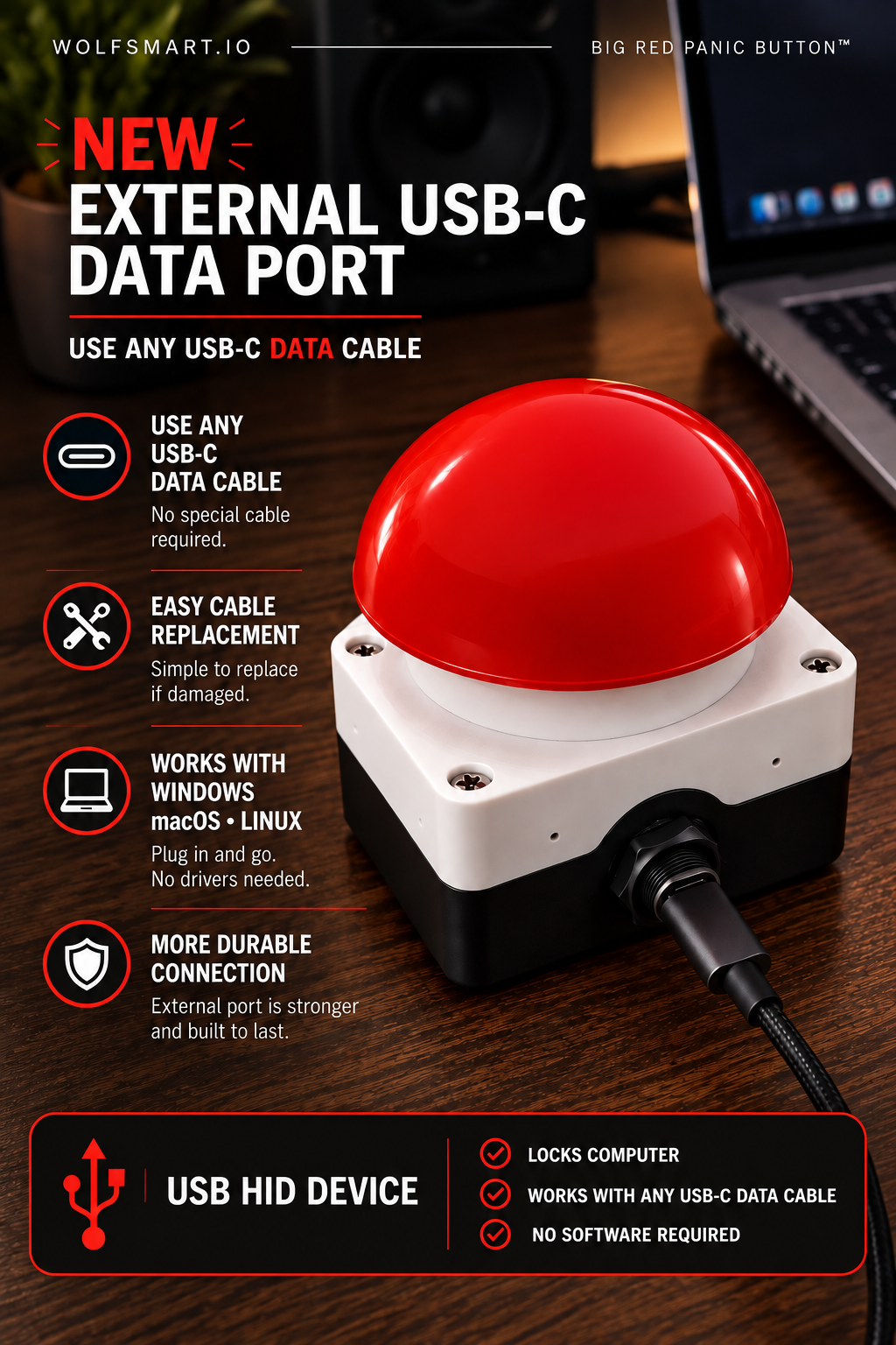 Close-up of the BIG RED PANIC BUTTON's external USB-C data port and included cable.