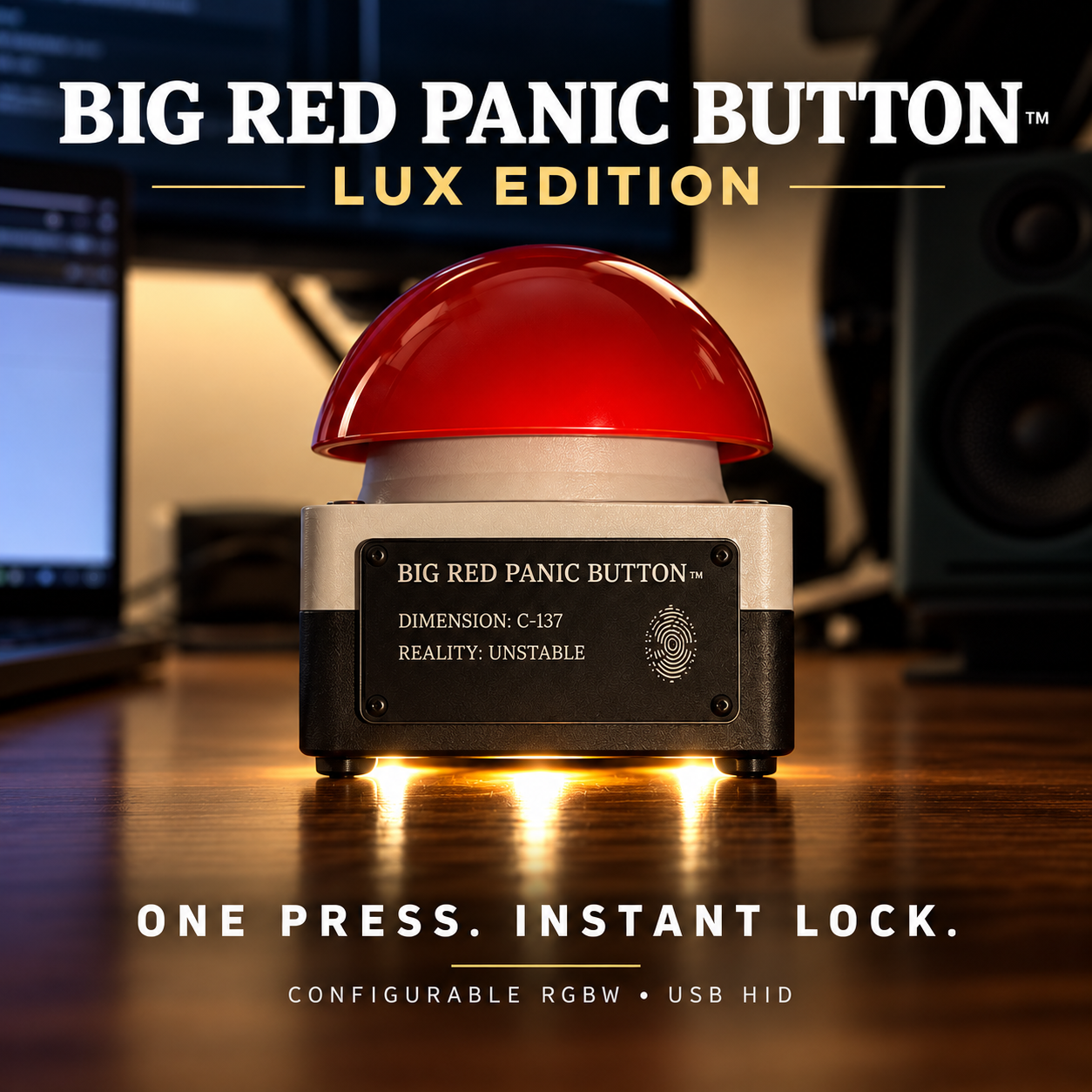 The BIG RED PANIC BUTTON LUX Edition on a desk, its base glowing with warm amber underglow, with the tagline One Press. Instant Lock.