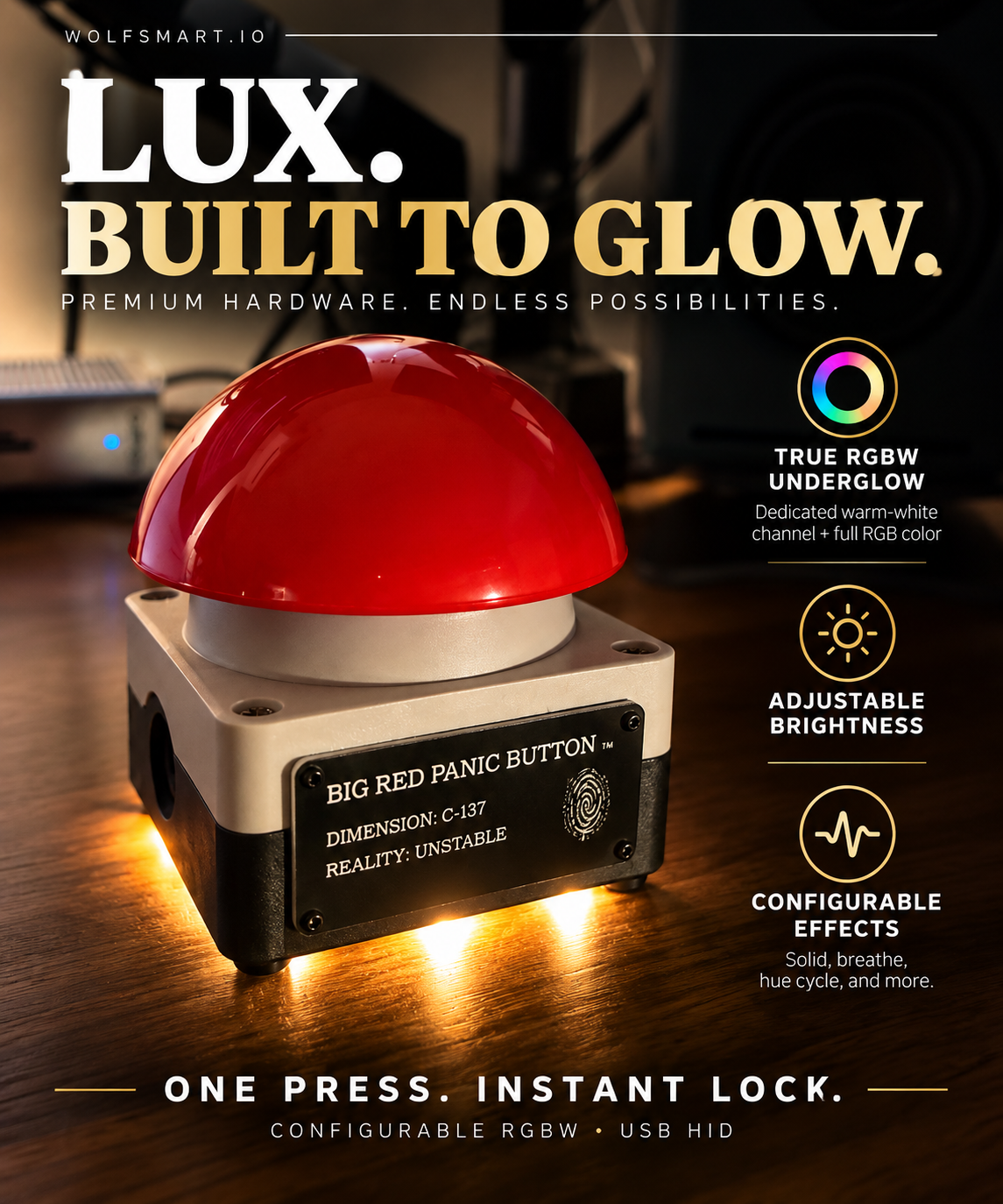 LUX Edition close-up with warm amber underglow, showing full RGBW color control, adjustable brightness, and configurable lighting effects.