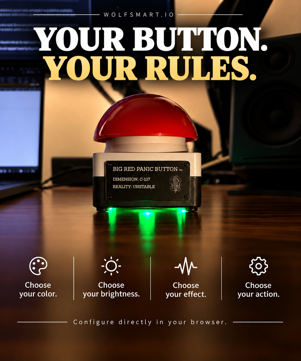 LUX Edition head-on with green underglow, showing the choose your color, brightness, effect, and action configuration options.