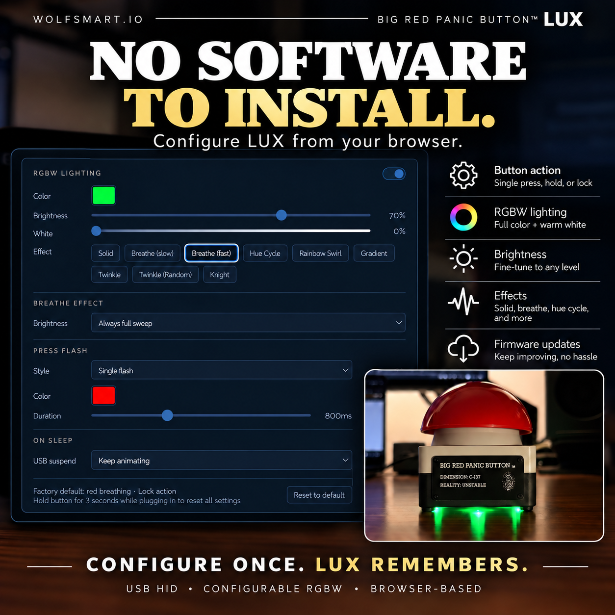 The WolfKeyHID browser configurator showing RGBW lighting controls: color, brightness, white channel, and lighting effects.