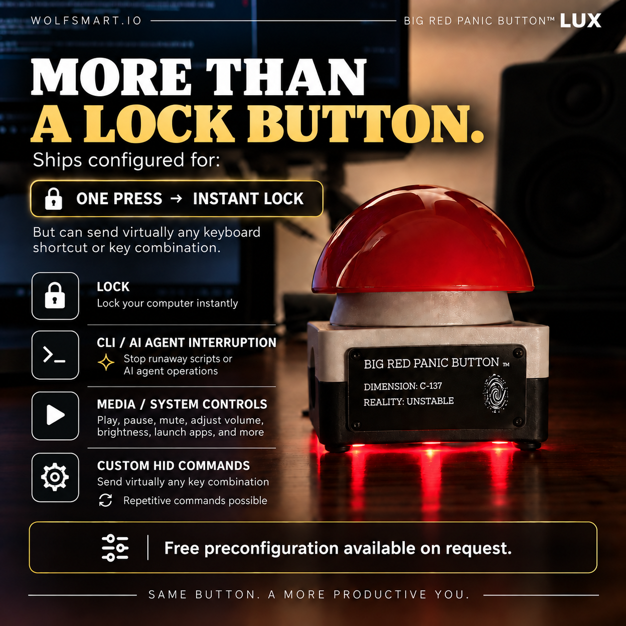 LUX Edition capabilities: lock, CLI and AI agent interruption, media and system controls, and custom HID commands.