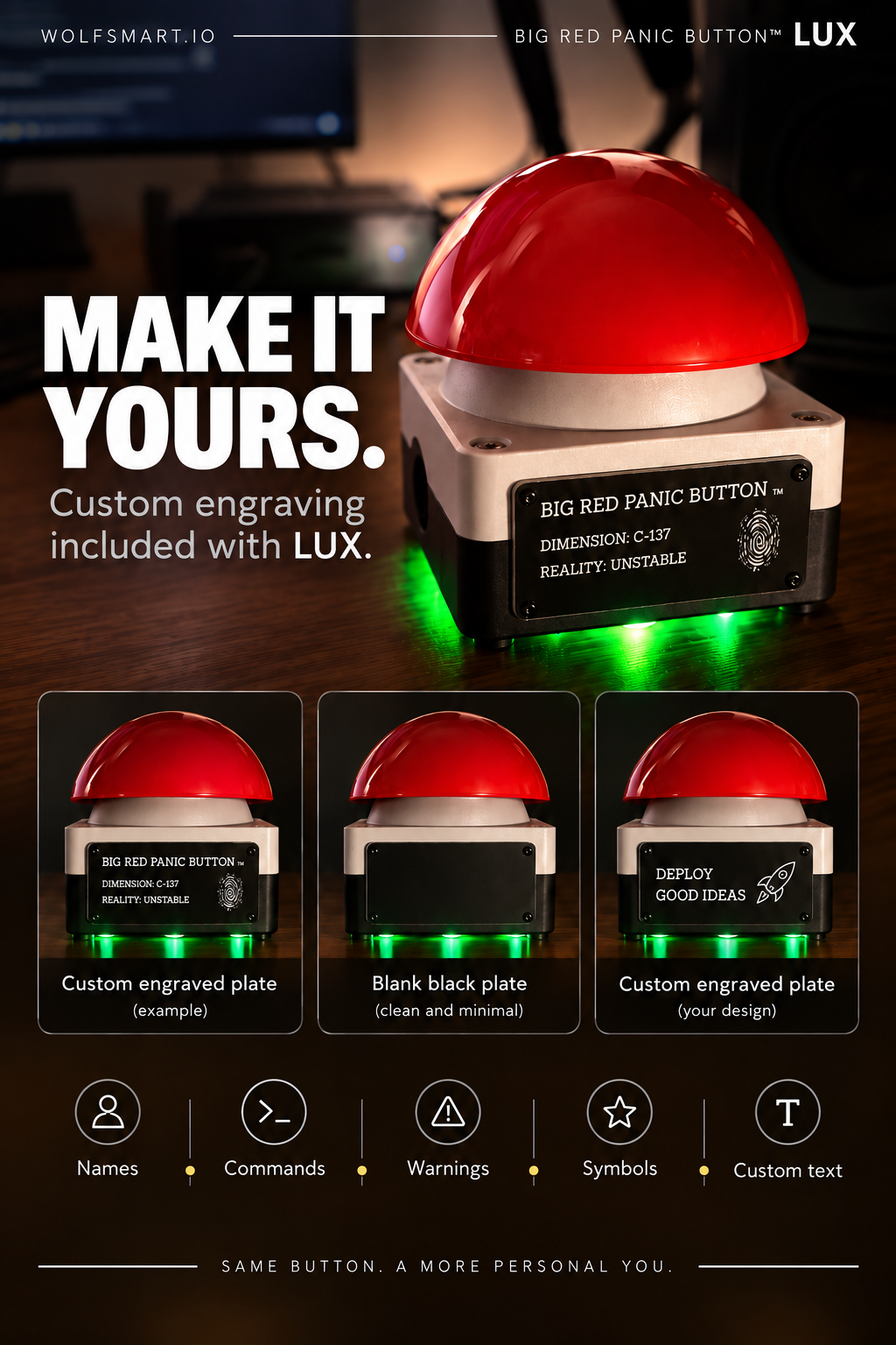Three LUX equipment plate options: custom engraved, blank black, and custom engraved with your own design.