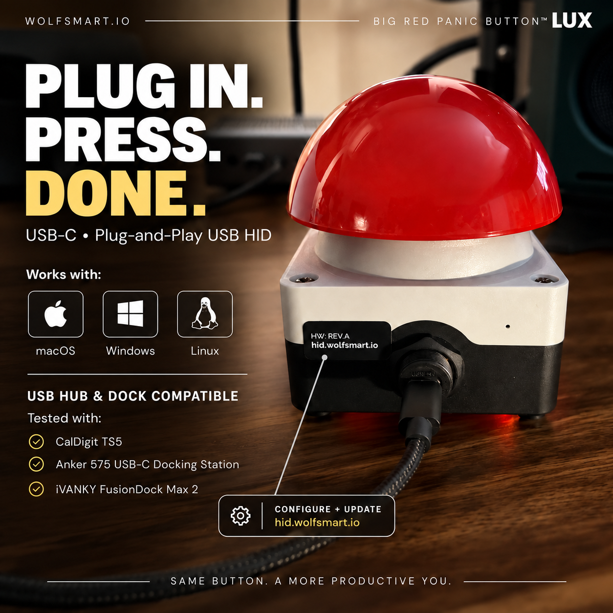 Rear USB-C port on the LUX Edition, compatible with macOS, Windows, and Linux, and tested with major USB hubs and docking stations.