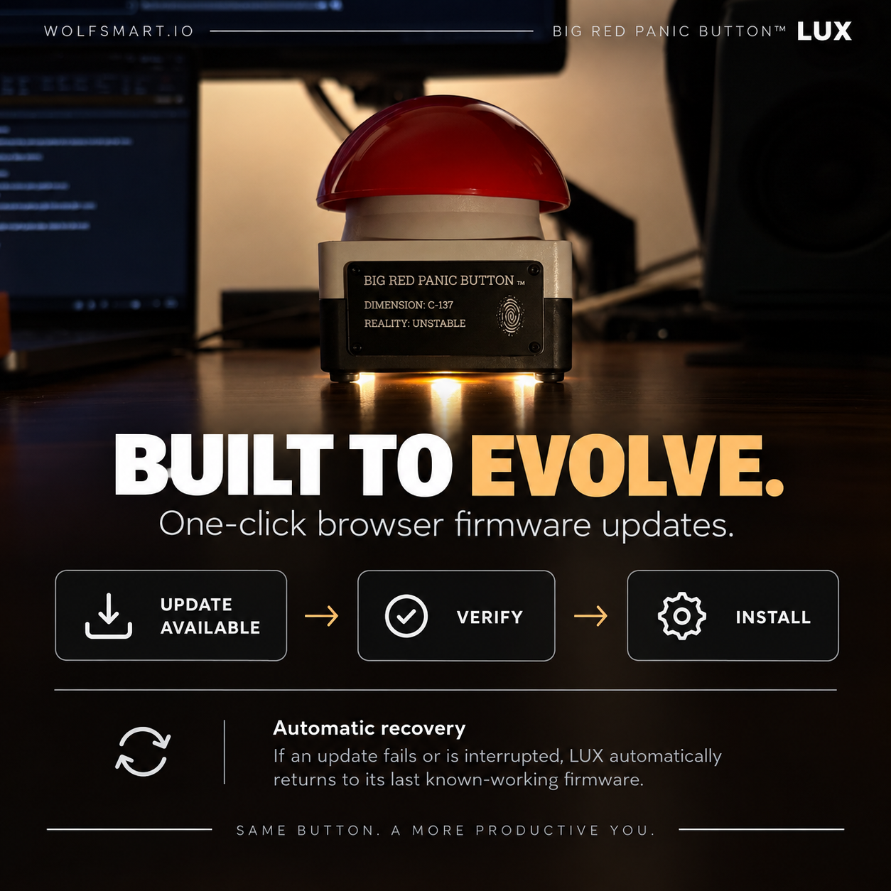 LUX firmware update flow: update available, verify, install, with automatic recovery if an update is interrupted.