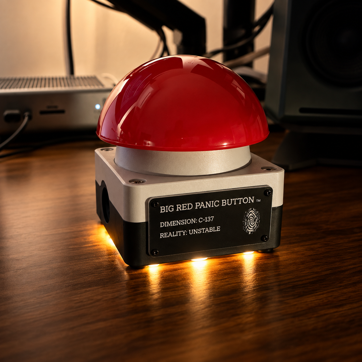 Angled beauty shot of the BIG RED PANIC BUTTON LUX Edition with warm amber underglow on a desk.